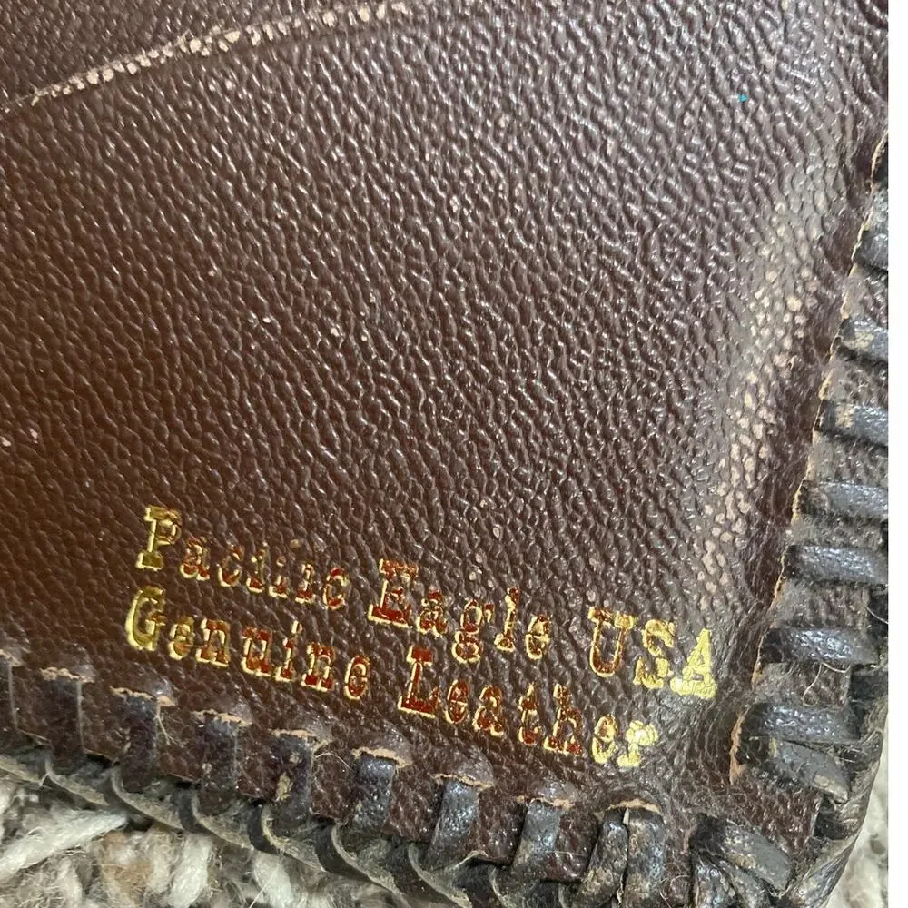 Vtg Pacific Eagle USA Tooled Leather Wallet Bifold Horse & Oak Leaves Laced Edg